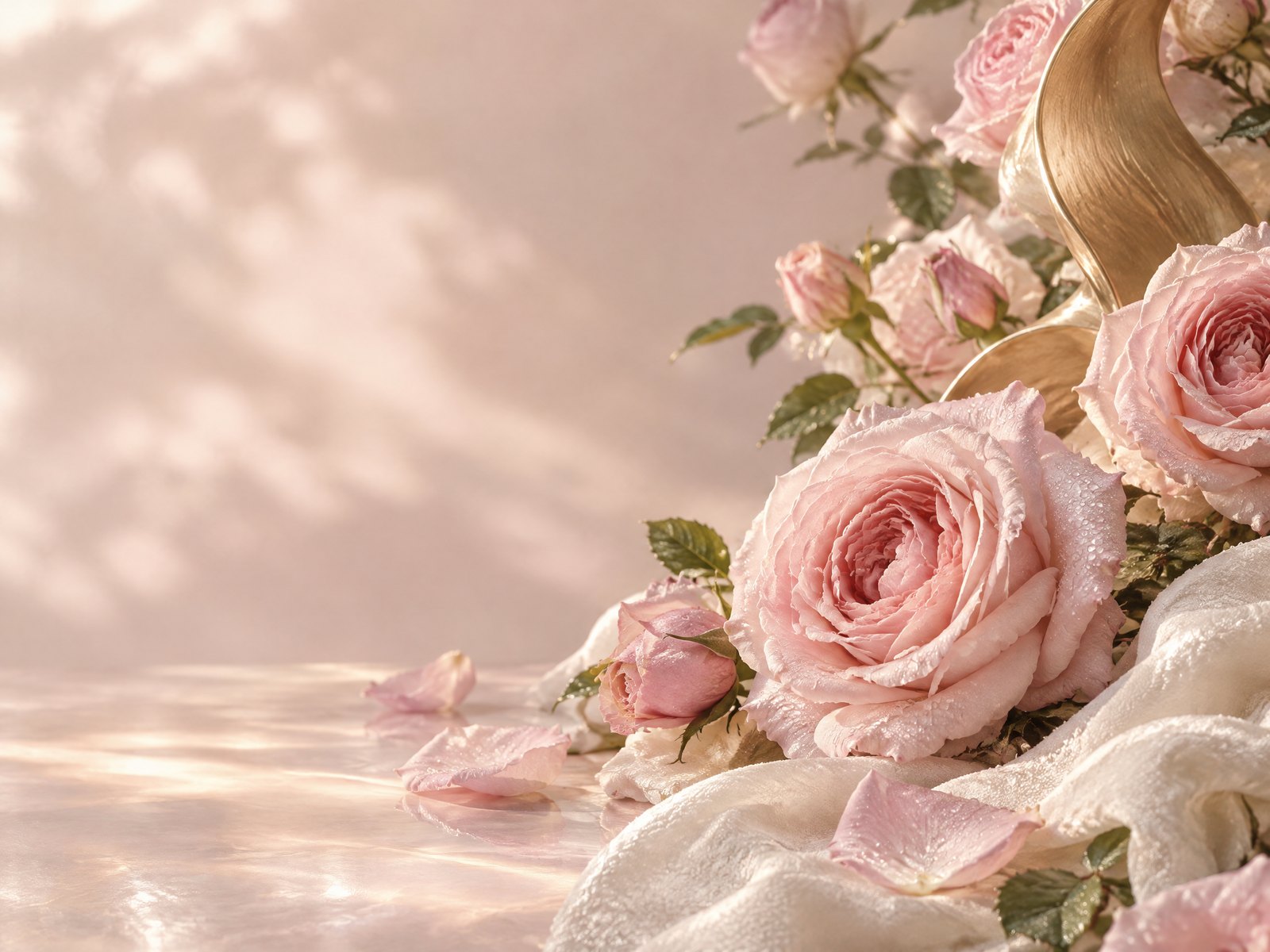 Blush roses, pearlescent textile, and pale gold editorial scent study