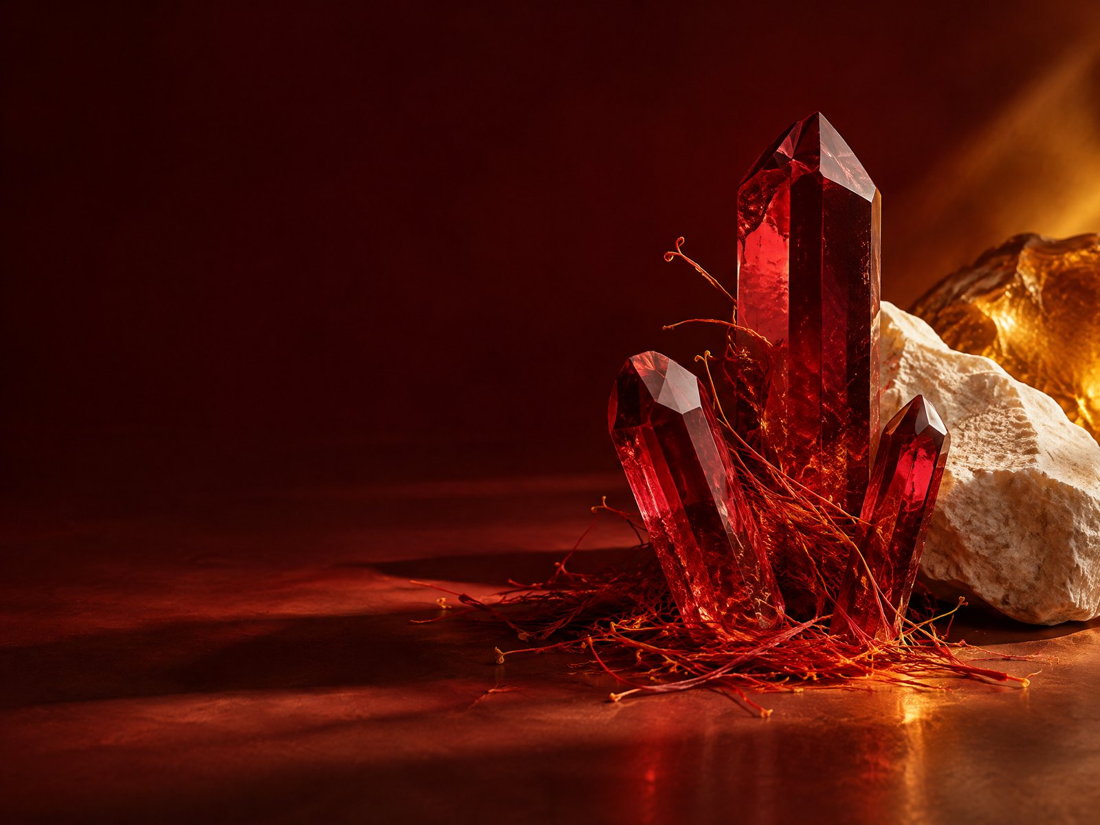 Crimson crystal, saffron threads, and amber editorial scent study