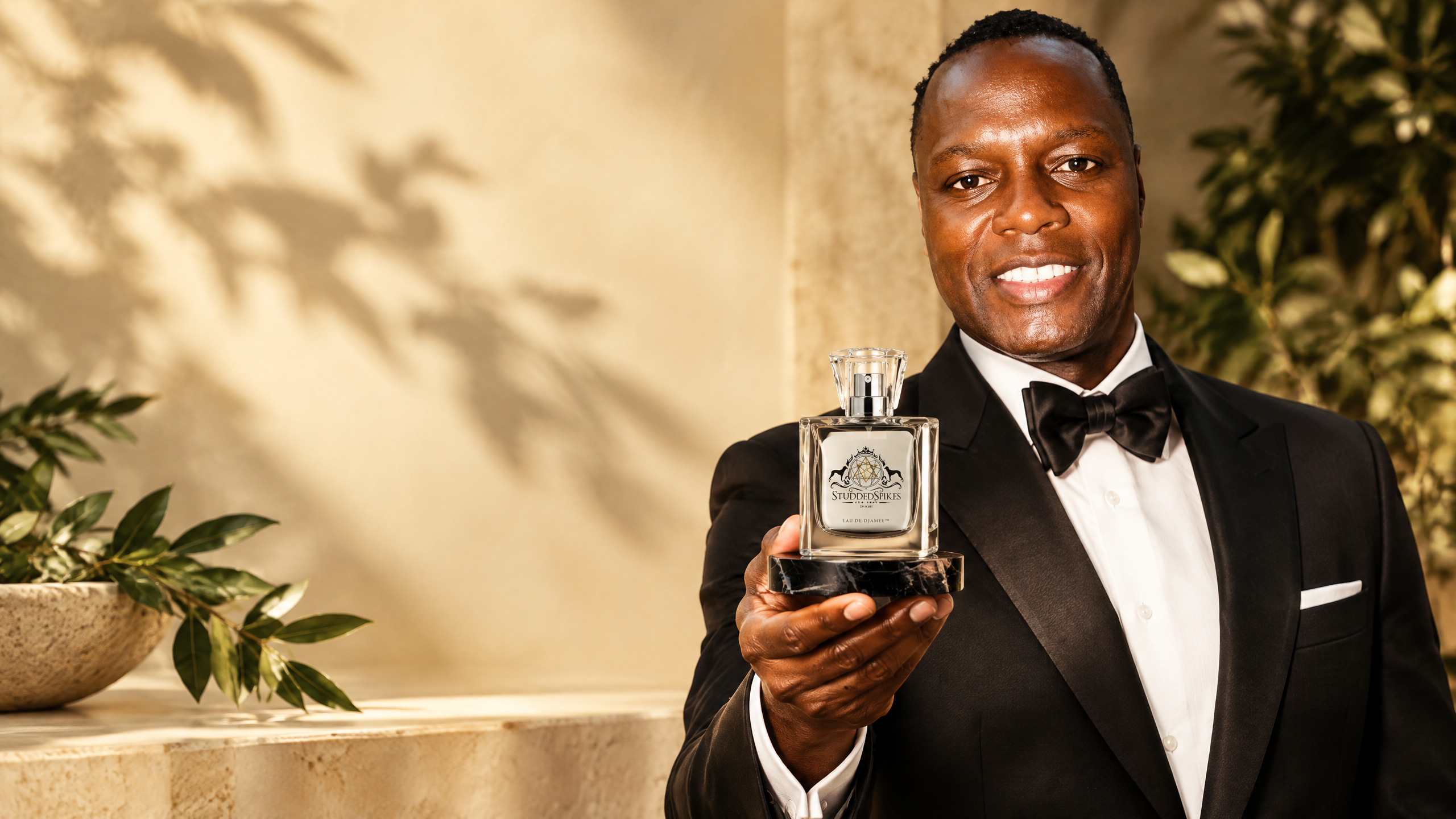 Djamee in black tie holding the Eau de Djamee fragrance bottle