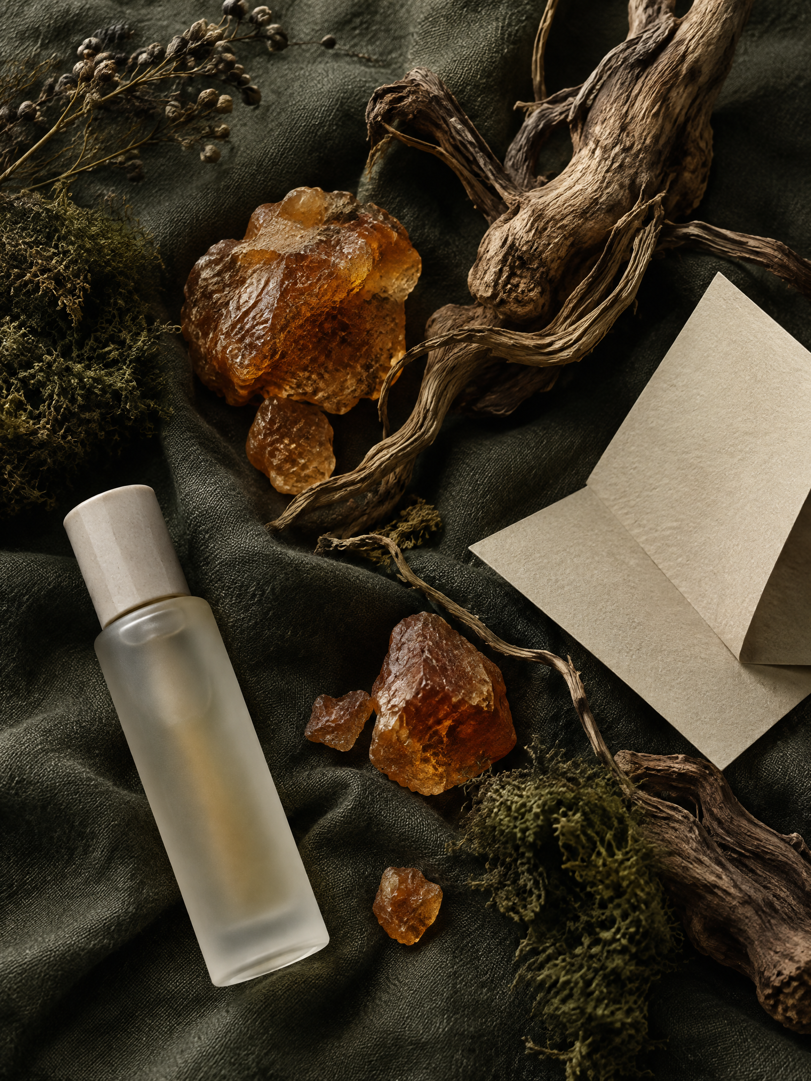 Organic Parfums botanical editorial still life in resin and root tones.