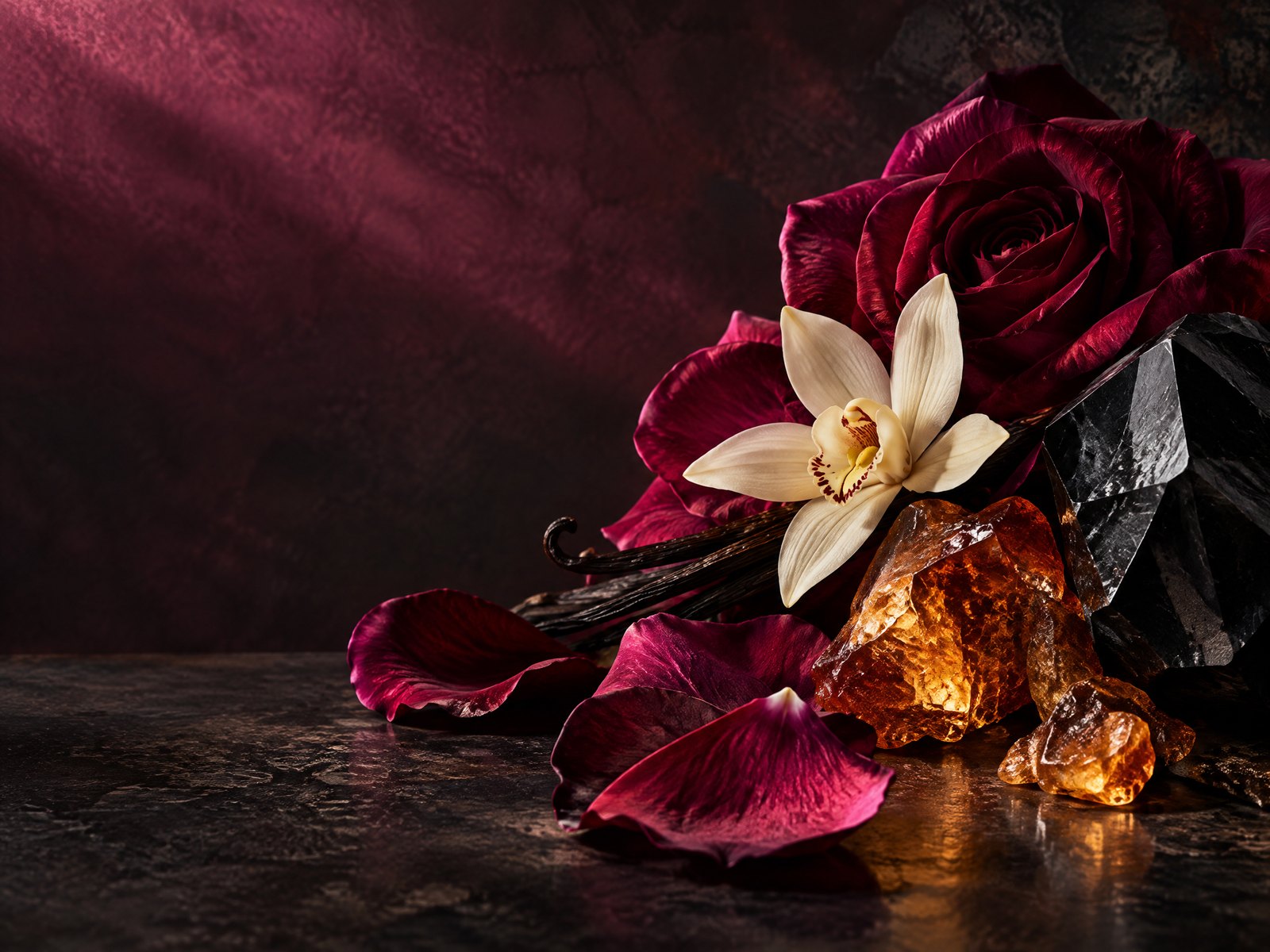 Deep rose, vanilla flower, amber resin, and black stone editorial scent study