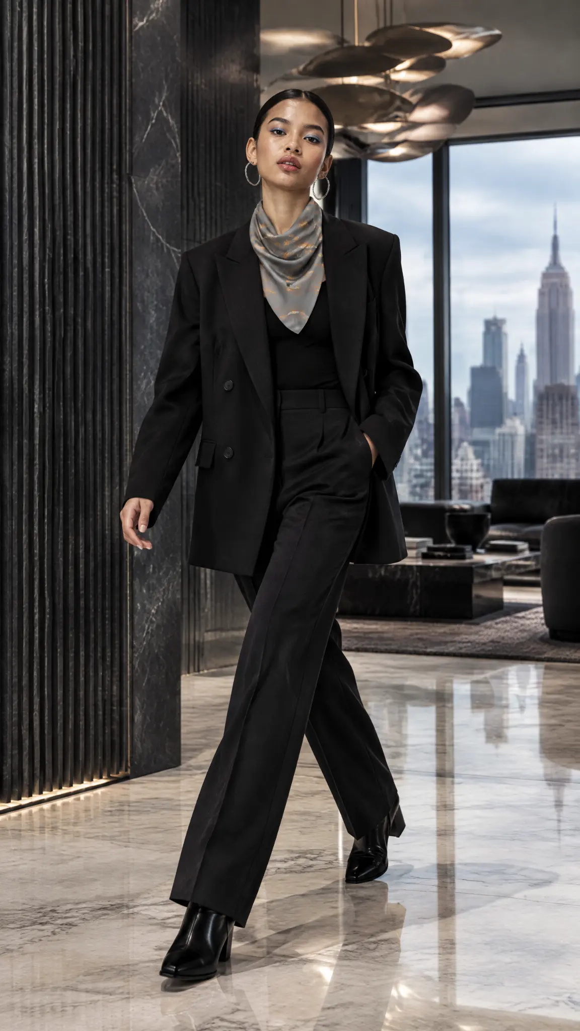 Organic Parfums editorial character in a scarf and blazer.