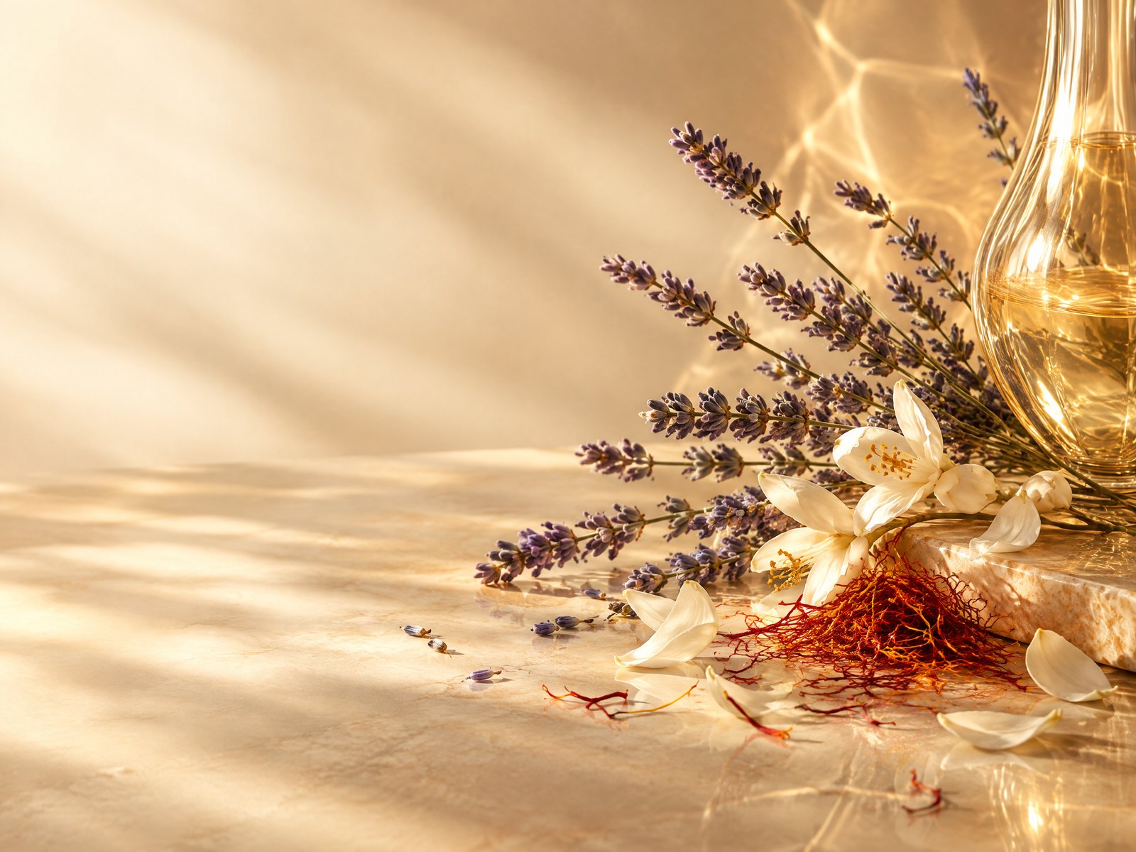 Lavender, orange blossom, saffron, and warm gold editorial scent study