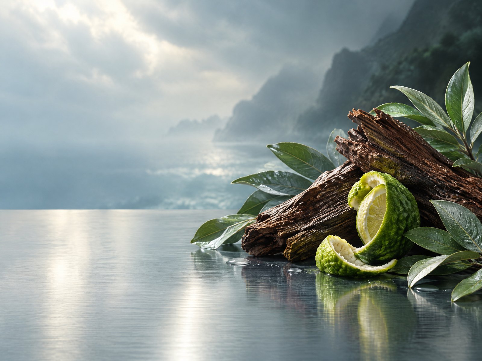 Bergamot peel, wet cedar, leaves, and misty water editorial scent study